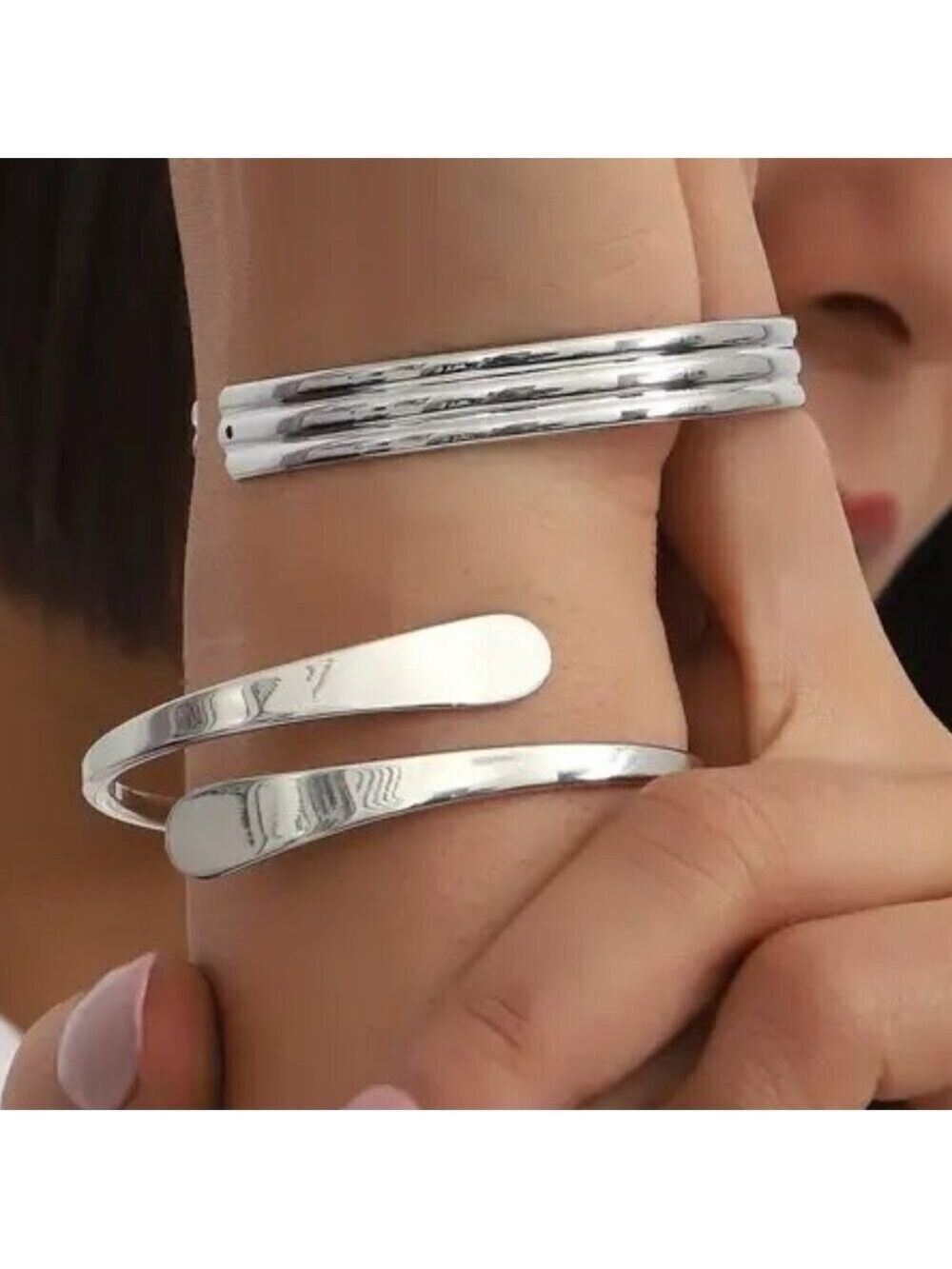 Silvertone 2 Piece Bracelet Set OS Adjustable